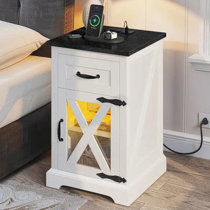 Ensemble de 2 tables d'appoint Moasis avec tiroir et prise électrique, table de chevet avec éclairage LED et station de recharge