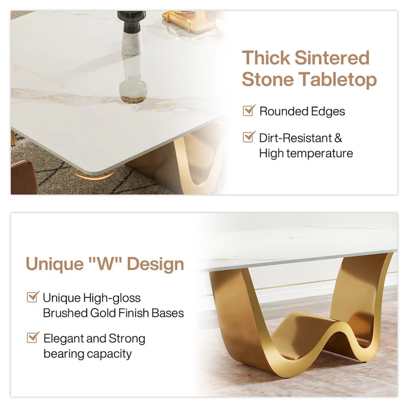 Table à manger moderne 79 pour 8 personnes, table rectangulaire, table de cuisine luxueuse blanche et dorée avec plateau en pierre frittée