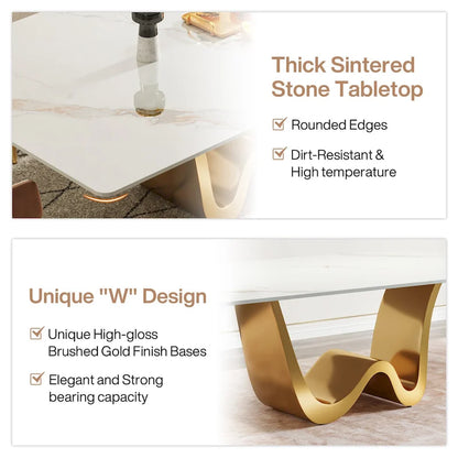 Table à manger moderne 79 pour 8 personnes, table rectangulaire, table de cuisine luxueuse blanche et dorée avec plateau en pierre frittée