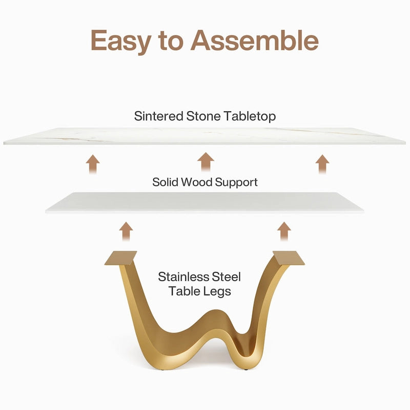 Table à manger moderne 79 pour 8 personnes, table rectangulaire, table de cuisine luxueuse blanche et dorée avec plateau en pierre frittée