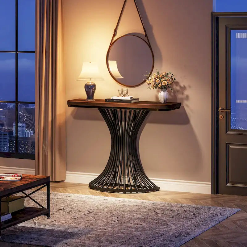 Console industrielle de 39 pouces, table d'entrée, petite table d'appoint pour canapé avec base géométrique en métal - 39,37 (L) x 11,8 (P)