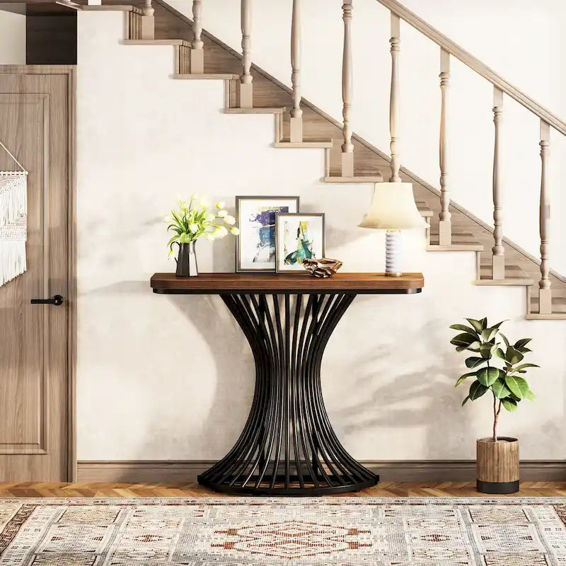 Console industrielle de 39 pouces, table d'entrée, petite table d'appoint pour canapé avec base géométrique en métal - 39,37 (L) x 11,8 (P)