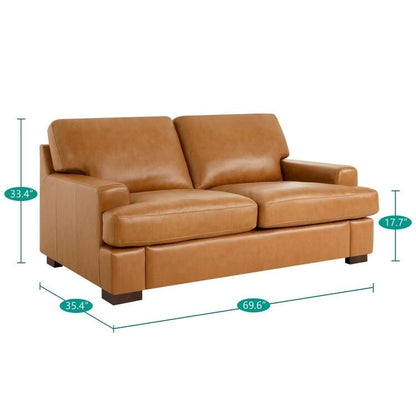 Canapé deux places en cuir véritable, accoudoirs carrés, pieds massifs robustes - Coussin luxueux en plumes d'oie pour un confort optimal