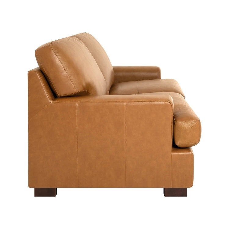 Canapé deux places en cuir véritable, accoudoirs carrés, pieds massifs robustes - Coussin luxueux en plumes d'oie pour un confort optimal