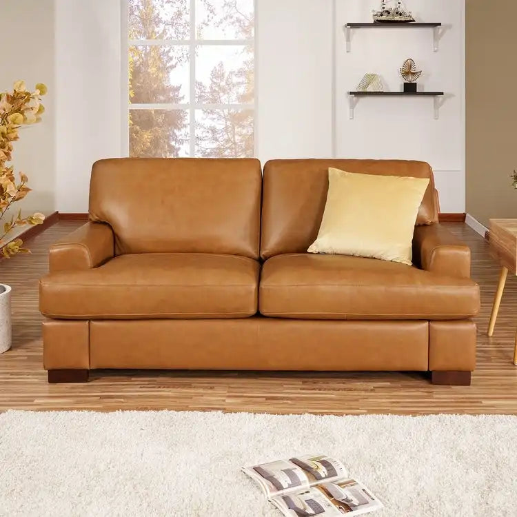 Canapé deux places en cuir véritable, accoudoirs carrés, pieds massifs robustes - Coussin luxueux en plumes d'oie pour un confort optimal