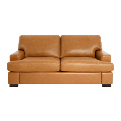 Canapé deux places en cuir véritable, accoudoirs carrés, pieds massifs robustes - Coussin luxueux en plumes d'oie pour un confort optimal