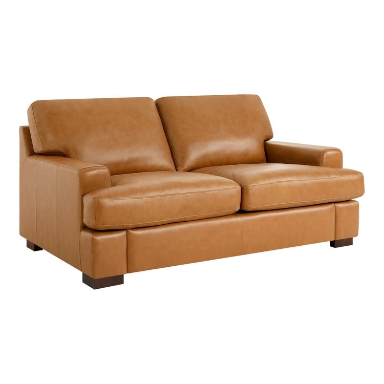 Canapé deux places en cuir véritable, accoudoirs carrés, pieds massifs robustes - Coussin luxueux en plumes d'oie pour un confort optimal
