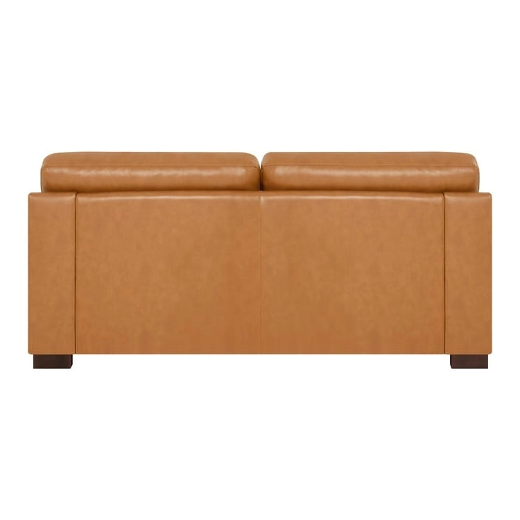 Canapé deux places en cuir véritable, accoudoirs carrés, pieds massifs robustes - Coussin luxueux en plumes d'oie pour un confort optimal