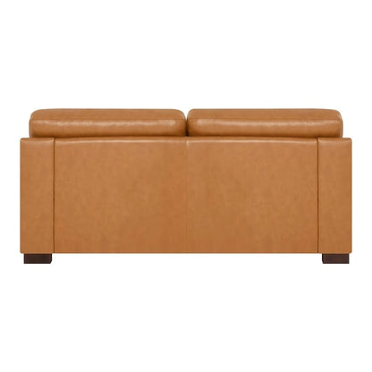 Canapé deux places en cuir véritable, accoudoirs carrés, pieds massifs robustes - Coussin luxueux en plumes d'oie pour un confort optimal