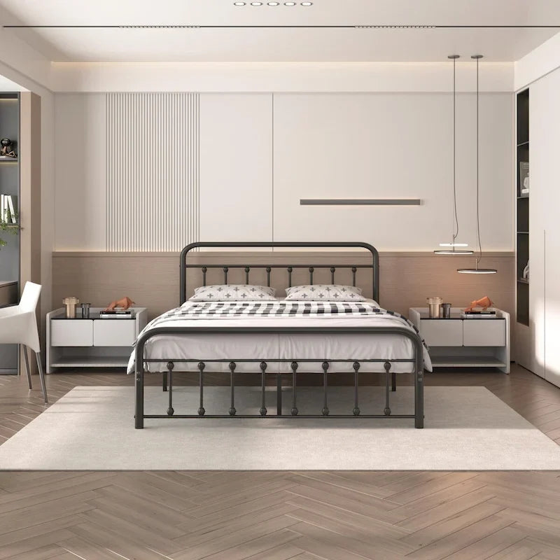 Cadre de lit en métal noir avec tête et pied de lit de style vintage, sommier non requis, support à lattes en acier stable de qualité supérieure, noir