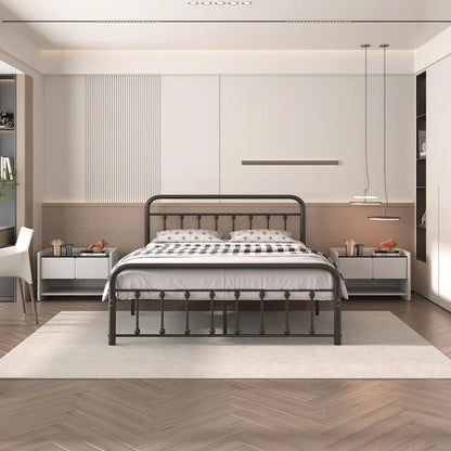 Cadre de lit en métal noir avec tête et pied de lit de style vintage, sommier non requis, support à lattes en acier stable de qualité supérieure, noir