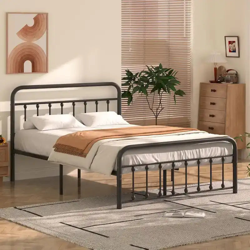 Cadre de lit en métal noir avec tête et pied de lit de style vintage, sommier non requis, support à lattes en acier stable de qualité supérieure, noir