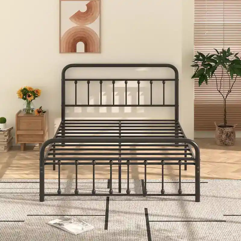 Cadre de lit en métal noir avec tête et pied de lit de style vintage, sommier non requis, support à lattes en acier stable de qualité supérieure, noir