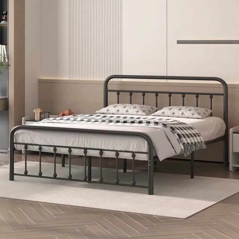 Cadre de lit en métal noir avec tête et pied de lit de style vintage, sommier non requis, support à lattes en acier stable de qualité supérieure, noir