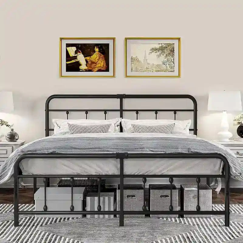 Cadre de lit en métal noir avec tête et pied de lit de style vintage, sommier non requis, support à lattes en acier stable de qualité supérieure, noir