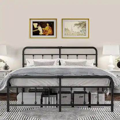 Cadre de lit en métal noir avec tête et pied de lit de style vintage, sommier non requis, support à lattes en acier stable de qualité supérieure, noir