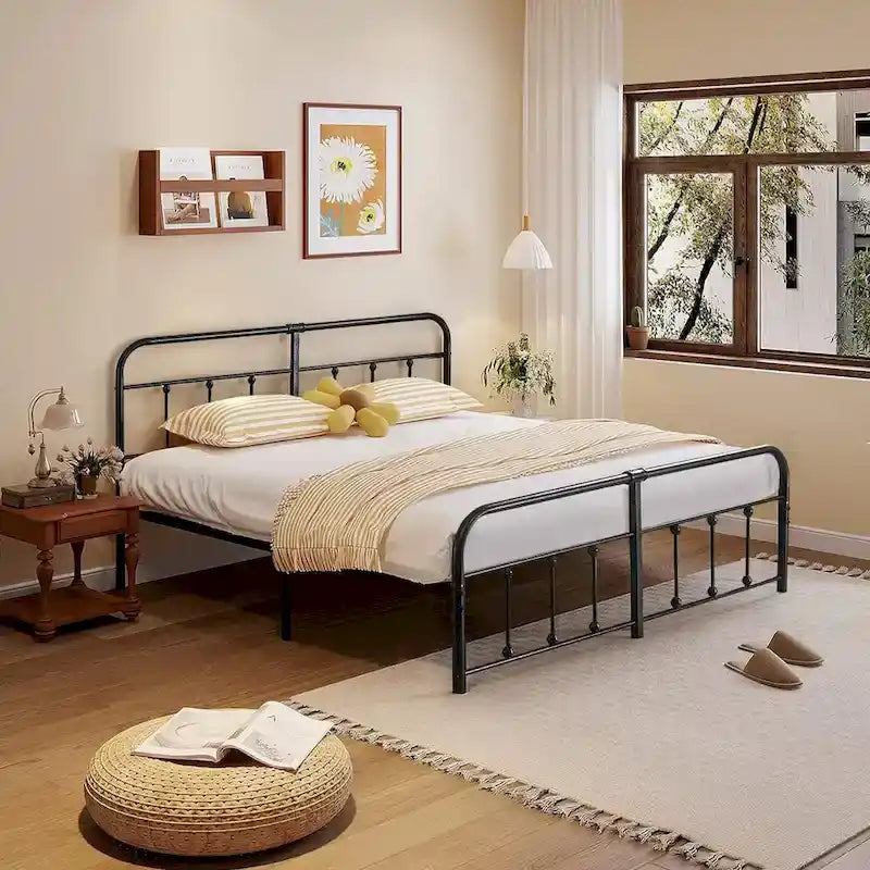Cadre de lit en métal noir avec tête et pied de lit de style vintage, sommier non requis, support à lattes en acier stable de qualité supérieure, noir
