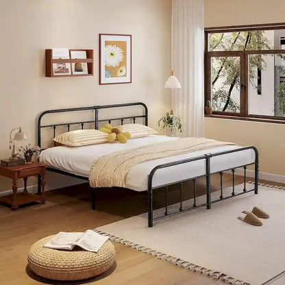 Cadre de lit en métal noir avec tête et pied de lit de style vintage, sommier non requis, support à lattes en acier stable de qualité supérieure, noir