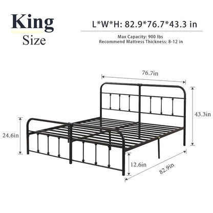 Cadre de lit en métal noir avec tête et pied de lit de style vintage, sommier non requis, support à lattes en acier stable de qualité supérieure, noir
