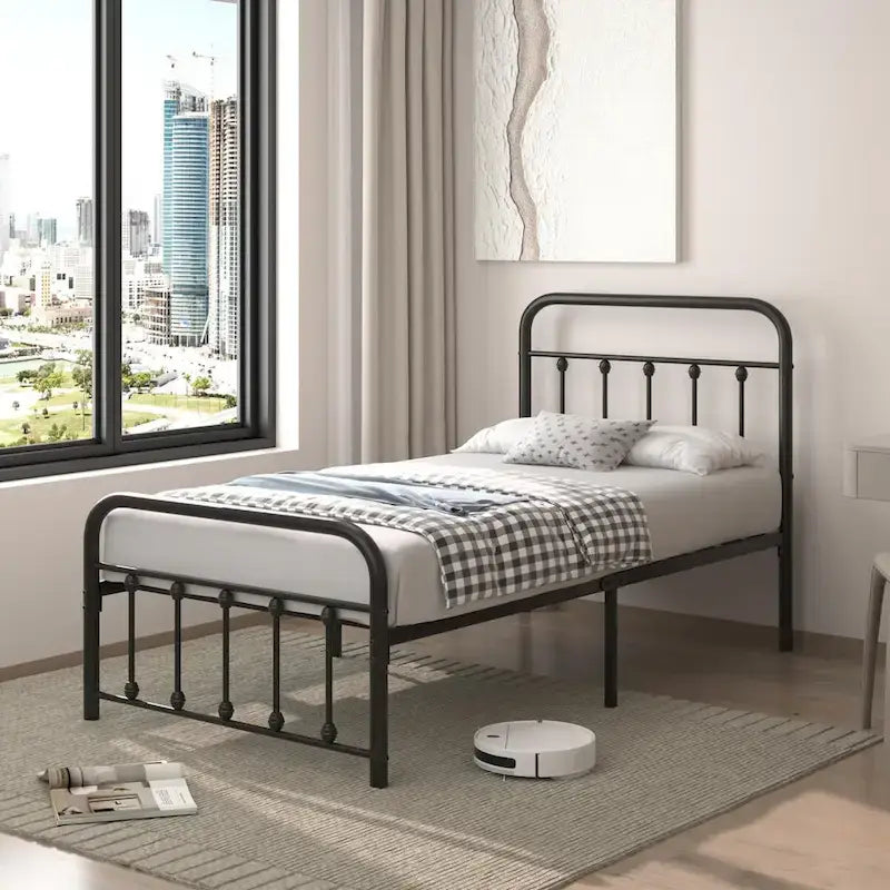 Cadre de lit en métal noir avec tête et pied de lit de style vintage, sommier non requis, support à lattes en acier stable de qualité supérieure, noir