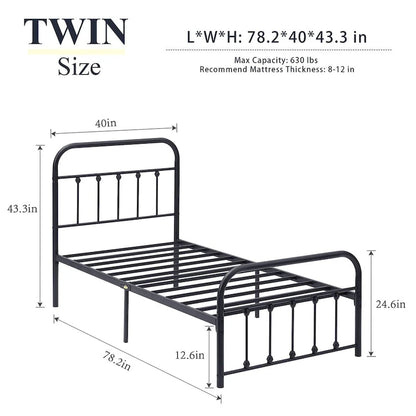 Cadre de lit en métal noir avec tête et pied de lit de style vintage, sommier non requis, support à lattes en acier stable de qualité supérieure, noir