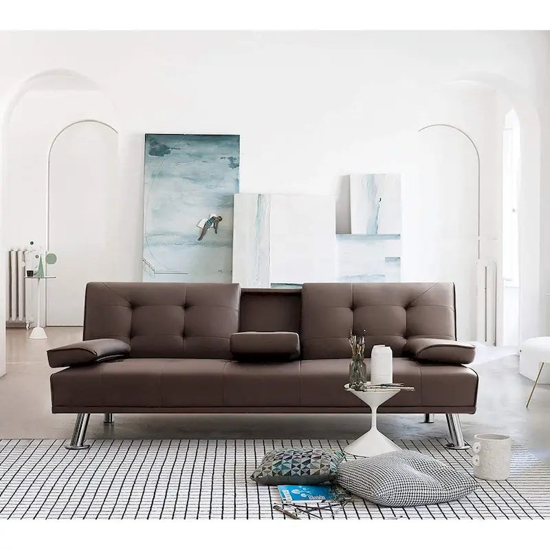 Futon moderne Furniwell en similicuir avec porte-gobelets et oreillers, 65