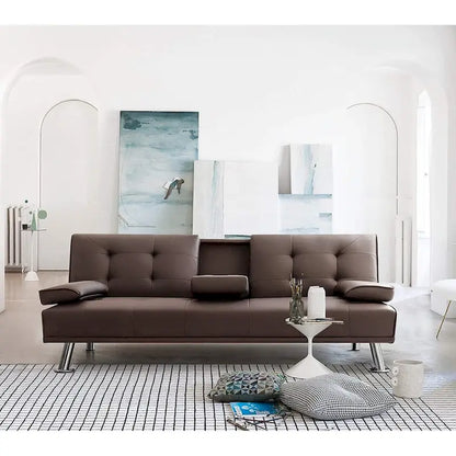 Futon moderne Furniwell en similicuir avec porte-gobelets et oreillers, 65