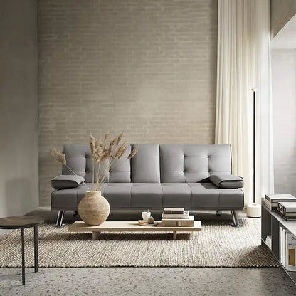 Futon moderne Furniwell en similicuir avec porte-gobelets et oreillers, 65