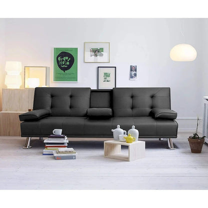 Futon moderne Furniwell en similicuir avec porte-gobelets et oreillers, 65