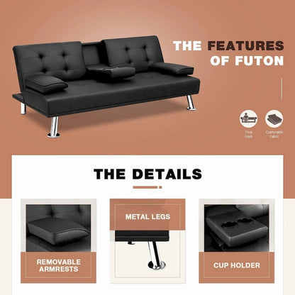 Futon moderne Furniwell en similicuir avec porte-gobelets et oreillers, 65