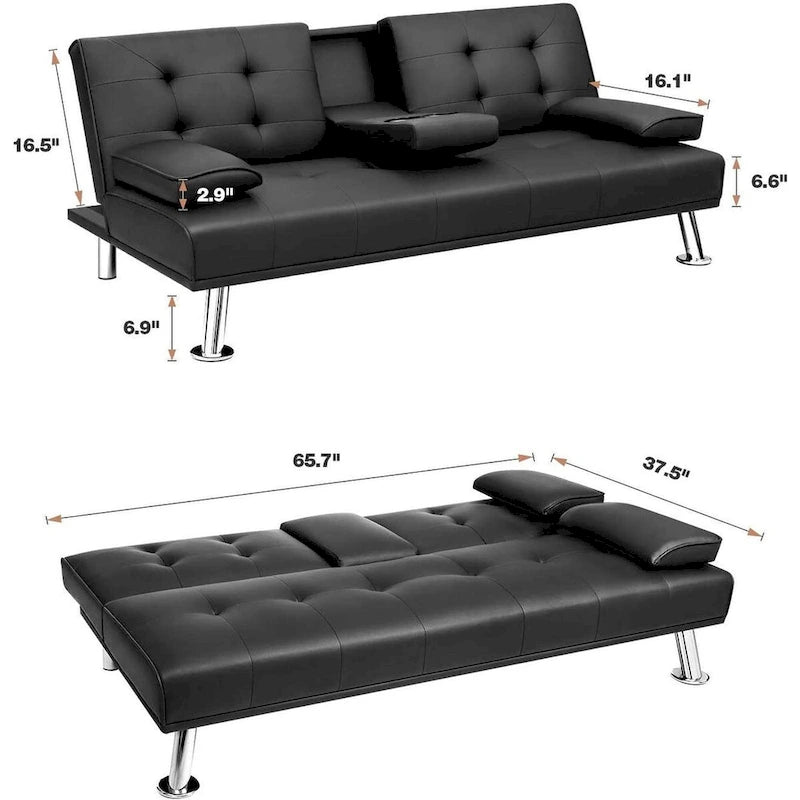 Futon moderne Furniwell en similicuir avec porte-gobelets et oreillers, 65
