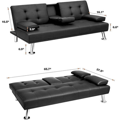 Futon moderne Furniwell en similicuir avec porte-gobelets et oreillers, 65