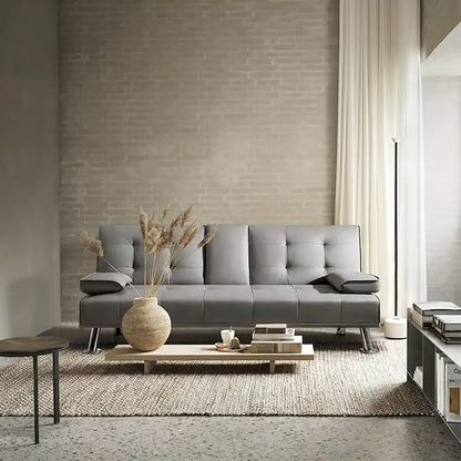 Futon moderne Furniwell en similicuir avec porte-gobelets et oreillers, 65