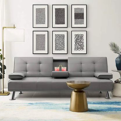 Futon moderne Furniwell en similicuir avec porte-gobelets et oreillers, 65