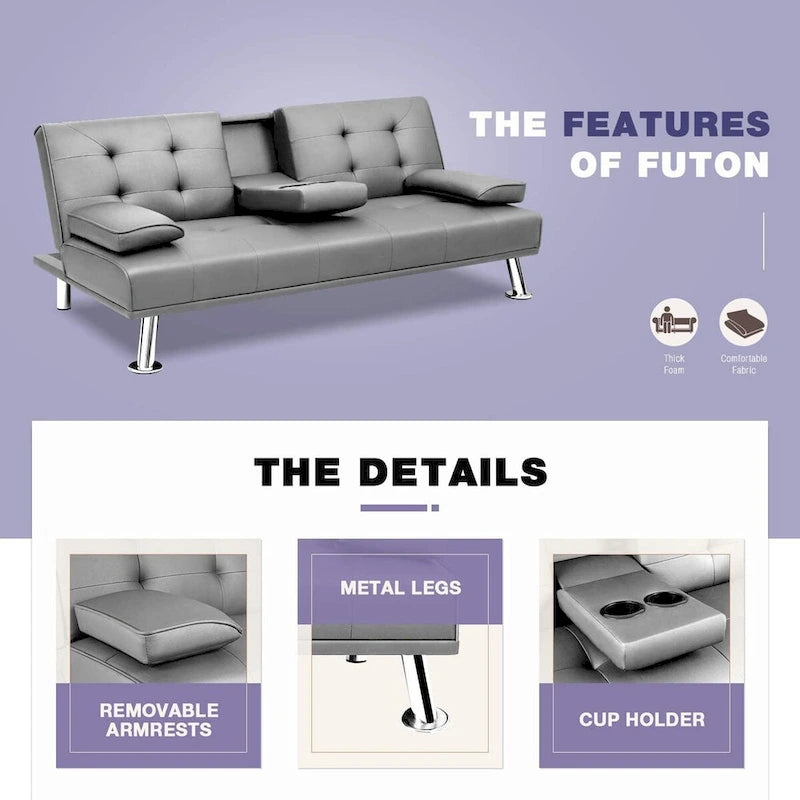 Futon moderne Furniwell en similicuir avec porte-gobelets et oreillers, 65