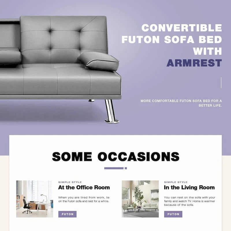 Futon moderne Furniwell en similicuir avec porte-gobelets et oreillers, 65