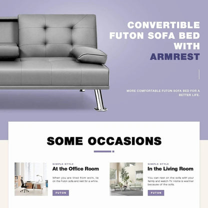 Futon moderne Furniwell en similicuir avec porte-gobelets et oreillers, 65