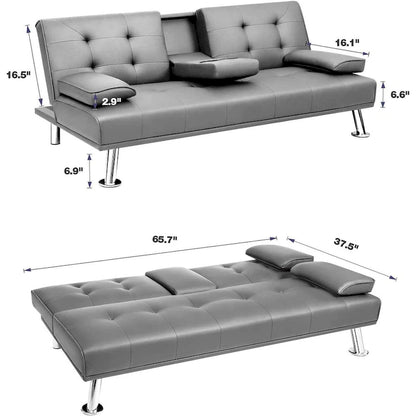 Futon moderne Furniwell en similicuir avec porte-gobelets et oreillers, 65