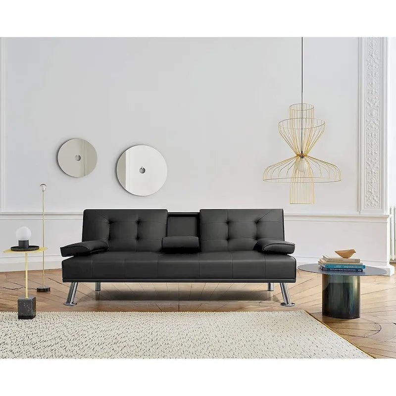 Futon moderne Furniwell en similicuir avec porte-gobelets et oreillers, 65