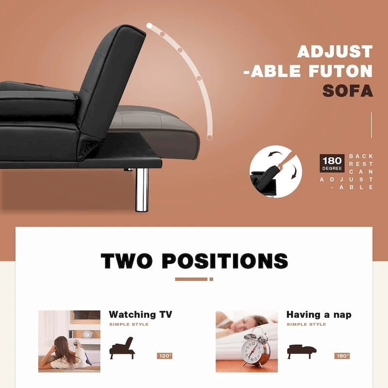 Futon moderne Furniwell en similicuir avec porte-gobelets et oreillers, 65