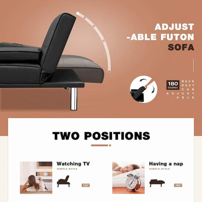Futon moderne Furniwell en similicuir avec porte-gobelets et oreillers, 65