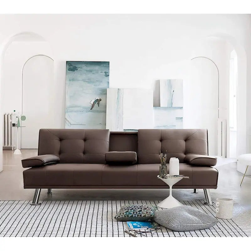 Futon moderne Furniwell en similicuir avec porte-gobelets et oreillers, 65