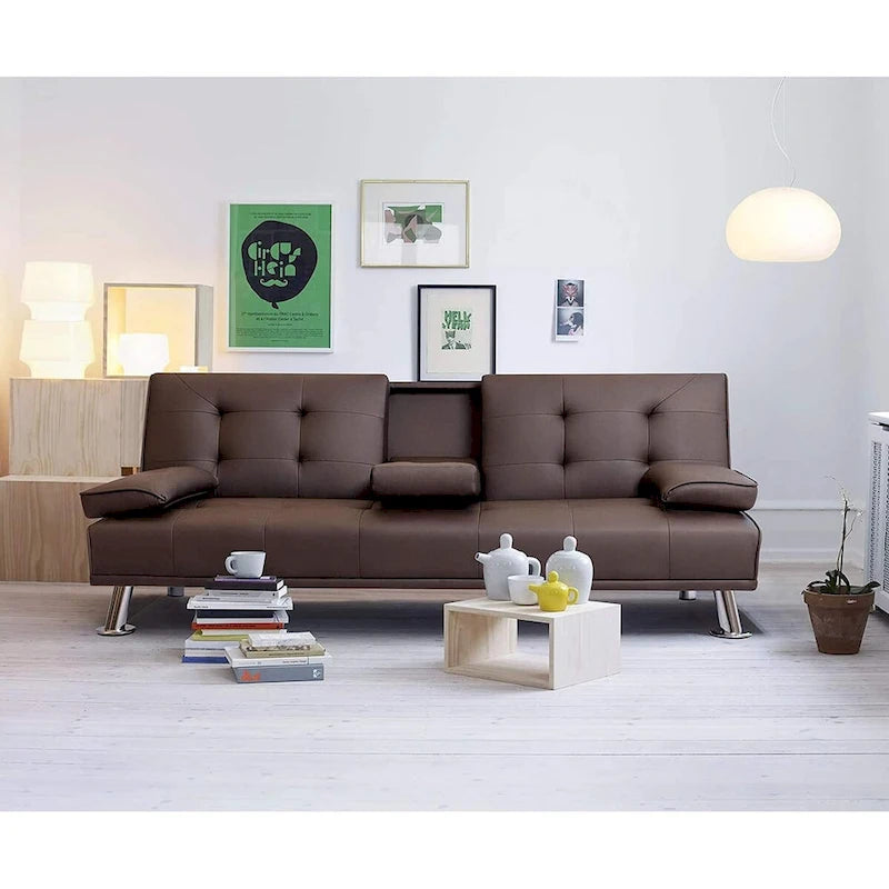 Futon moderne Furniwell en similicuir avec porte-gobelets et oreillers, 65