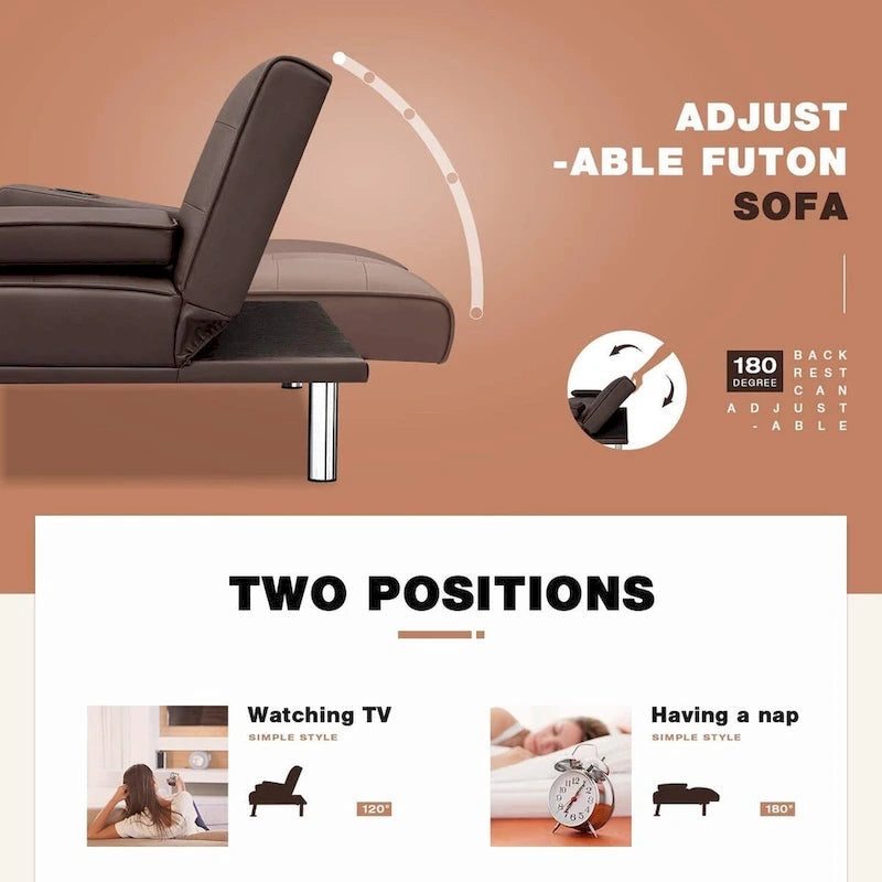 Futon moderne Furniwell en similicuir avec porte-gobelets et oreillers, 65