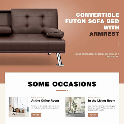 Futon moderne Furniwell en similicuir avec porte-gobelets et oreillers, 65