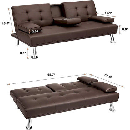 Futon moderne Furniwell en similicuir avec porte-gobelets et oreillers, 65