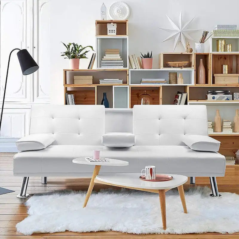 Futon moderne Furniwell en similicuir avec porte-gobelets et oreillers, 65