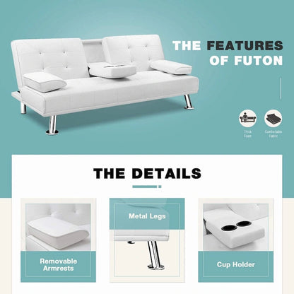 Futon moderne Furniwell en similicuir avec porte-gobelets et oreillers, 65
