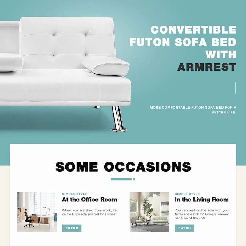 Futon moderne Furniwell en similicuir avec porte-gobelets et oreillers, 65