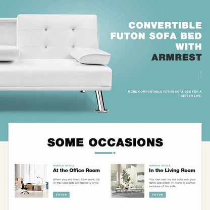 Futon moderne Furniwell en similicuir avec porte-gobelets et oreillers, 65